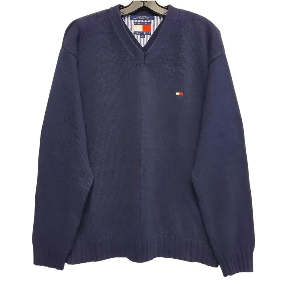 Vintage TOMMY HILFIGER Sweater Adult XL Blue Casual V-Neck Preppy Cotton 90s Y2K
